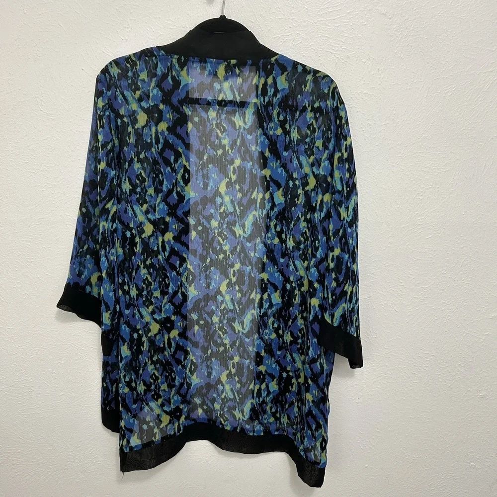 Slinky Brand Blue Multicolor Abstract Semi Sheer‎ Open Kimono Drape Cover Up 1X